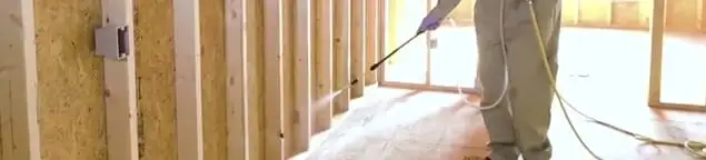 Termite treatment technician applying spray along framing and unfinished walls in Fort Collins, CO
